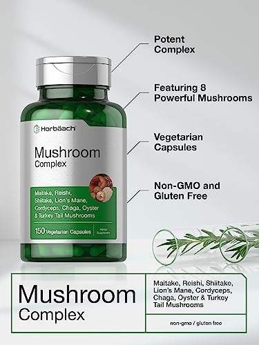 Mushroom Complex Capsules | 150 Count | Non-GMO & Gluten Free Supplement | Reishi, Chaga, Lions Mane, Cordyceps, Maitake, Shiitake, Oyster and Turkey Tail Mushrooms | by Horbaach