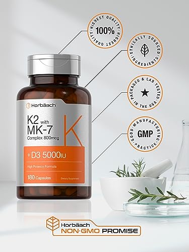 Vitamin D3 K2 | 5000iu of Vitamin D & 800mcg MK-7 Complex | 180 Capsules | Non-GMO & Gluten Free Supplement |