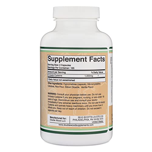 NAC Supplement N-Acetyl Cysteine (1,000mg Per Serving 500mg Per Cap, 210 Capsules) (Third Party Tested, Manufactured in The US) with Odor Masking Technology to Boost Glutathione Levels by Double Wood
