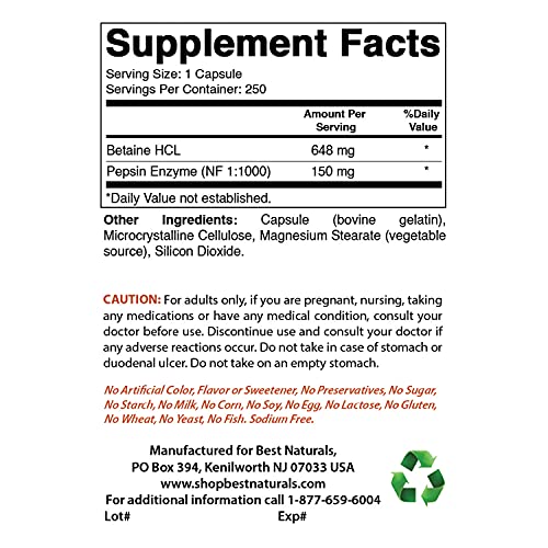 Best Naturals Betaine HCL 648 mg 250 Capsules