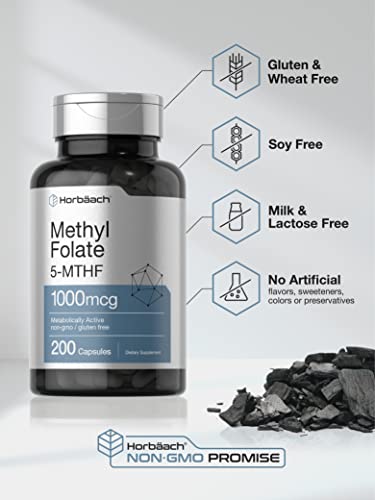 Methyl Folate 1000 mcg | 200 Capsules | 5-MTHF | Folic Acid Supplement | Non-GMO, Gluten Free Methylfolate | by Horbaach