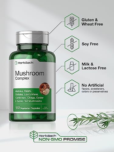 Mushroom Complex Capsules | 150 Count | Non-GMO & Gluten Free Supplement | Reishi, Chaga, Lions Mane, Cordyceps, Maitake, Shiitake, Oyster and Turkey Tail Mushrooms | by Horbaach